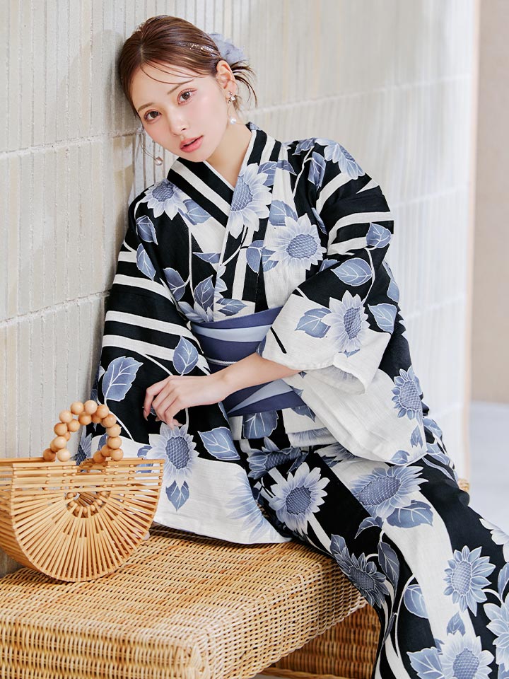 即日発送】濃淡碧向日葵ストライプ浴衣 【浴衣3点セット 浴衣/帯/下駄