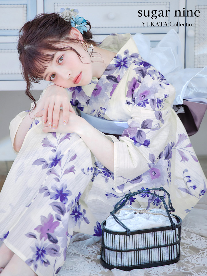 即日発送】白地xパープルグラデーション浴衣 【浴衣3点セット 浴衣/帯