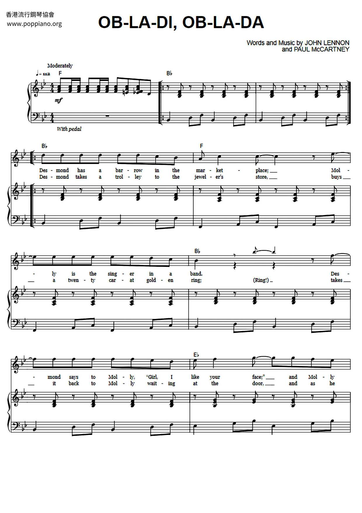 ☆ザ・ビートルズ - オブラディ・オブラダ 악보 ピアノ譜pdf (ザ