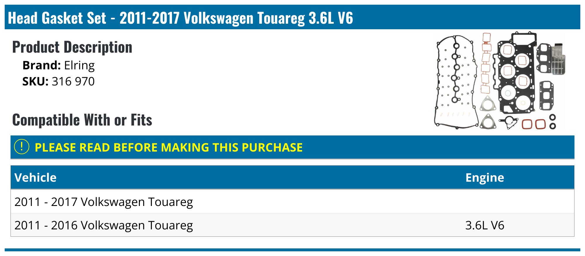 2011-2017 Volkswagen Touareg Head Gasket - Elring 316 970