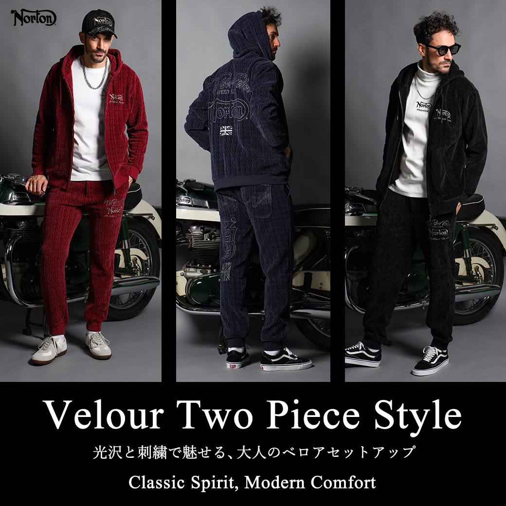 光沢と刺繍で魅せる、大人のベロアセットアップ Velour Two Piece