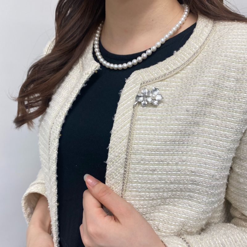 パールブローチ 花 フラワー 本真珠 ラウンド 6-6.5mm シルバー色