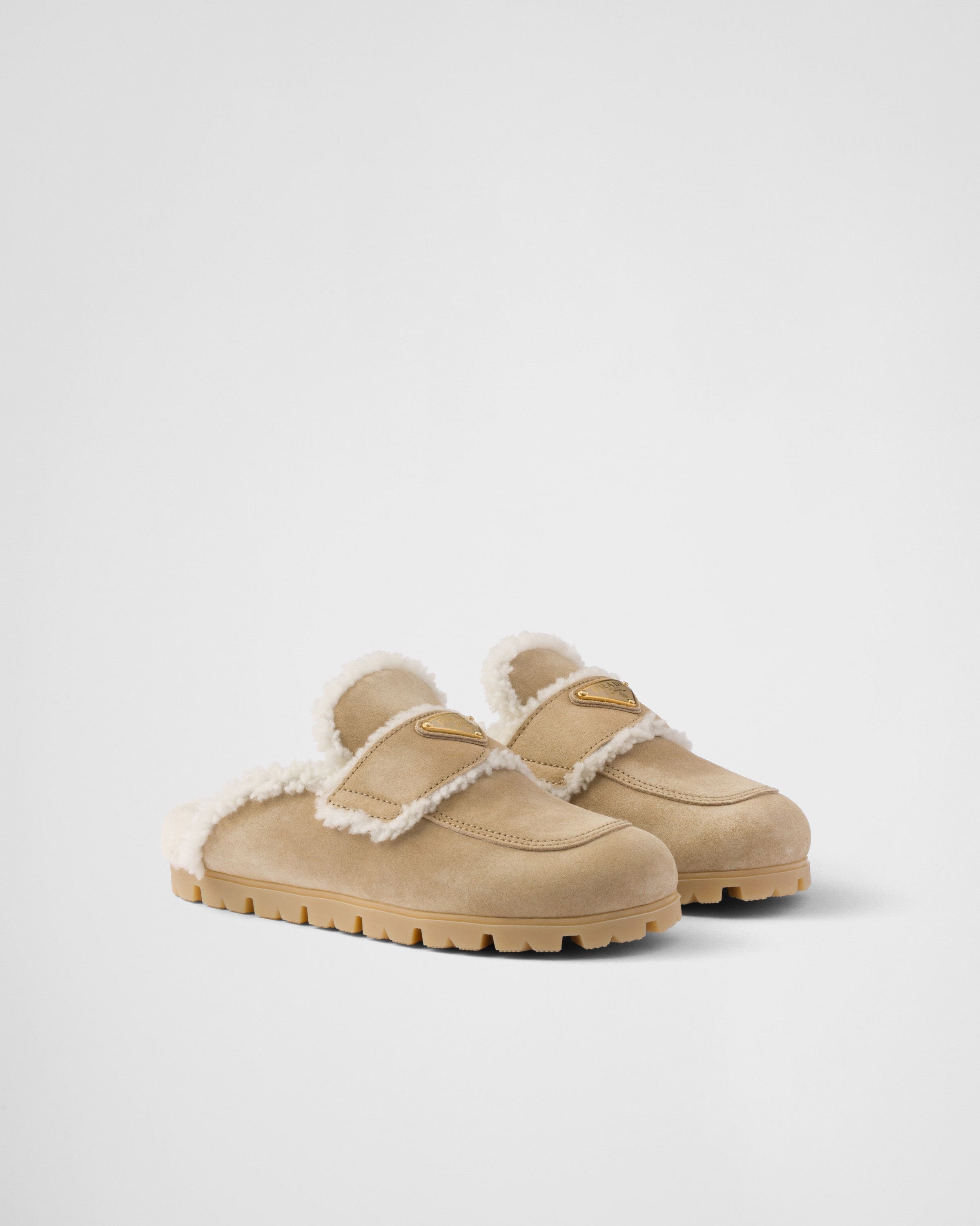 Ecru Suede And Shearling Slippers | PRADA