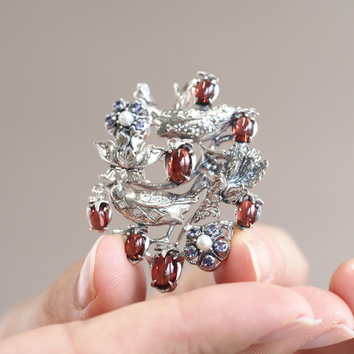 SVウィリアム・モリスいちご泥棒ペンダントブローチ(ガーネット