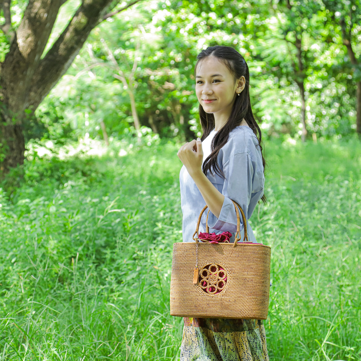 和柄紋入バッグ (NAB519) Rosily(ロージリー) バリ島 アタかごバッグ