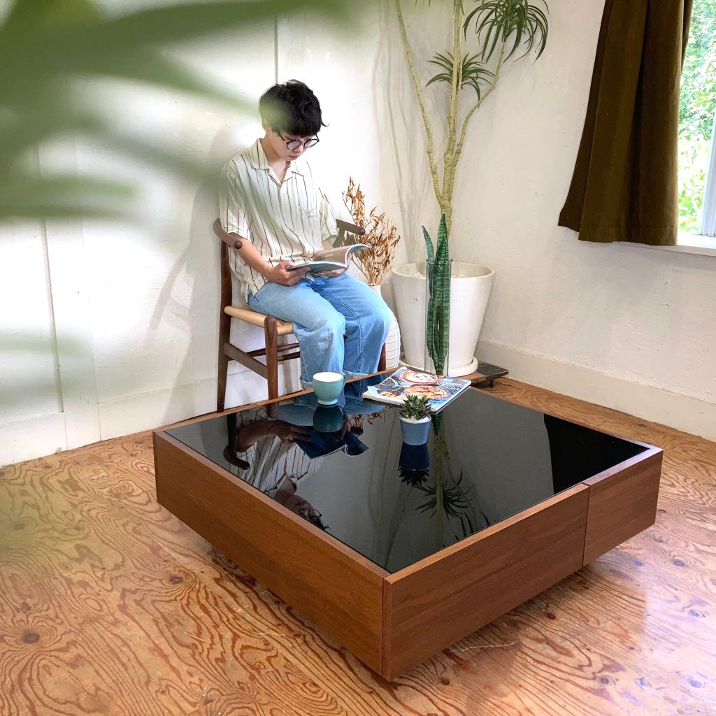 ガラスローテーブル 引出し 収納付き ウォールナット 中古 ブラック