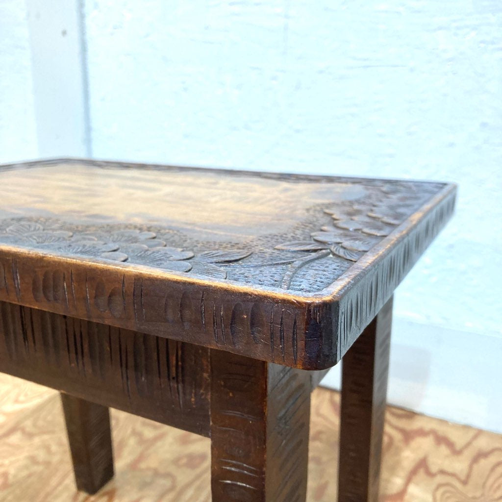 軽井沢彫り サイドテーブル スツール 中古 桜 彫刻 花台 ディスプレイ