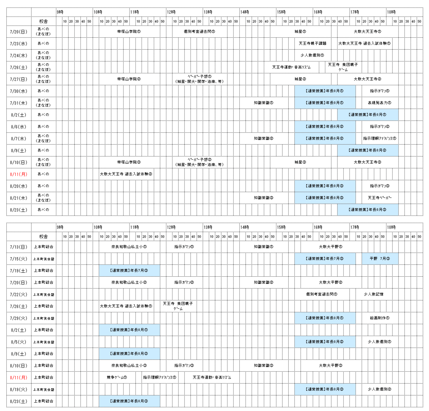 開講一覧表｜2025年度夏期講習｜小学校受験の理英会関西