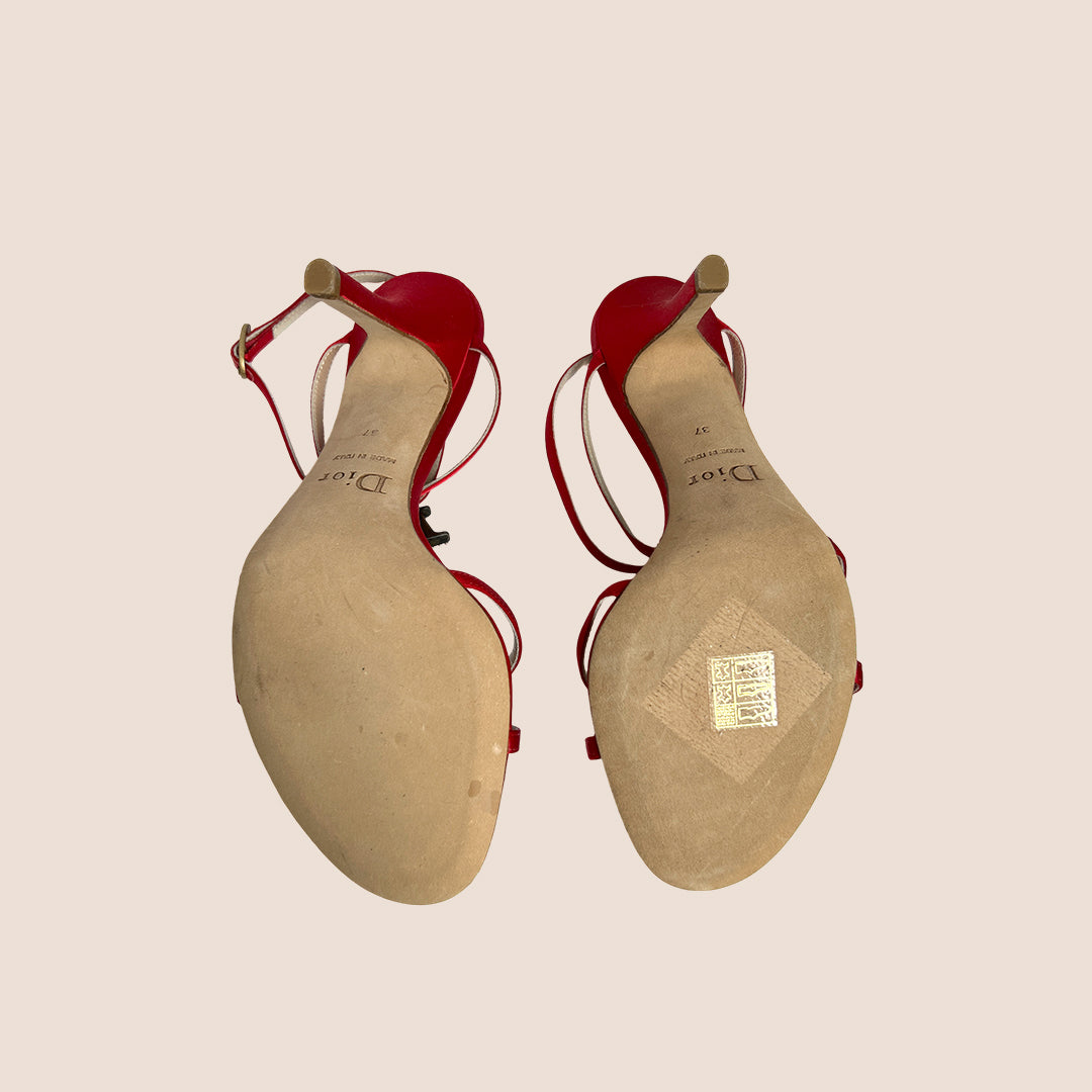 CHRISTIAN DIOR RED SATIN PEARL CHAIN STRAP SANDALS – RDB