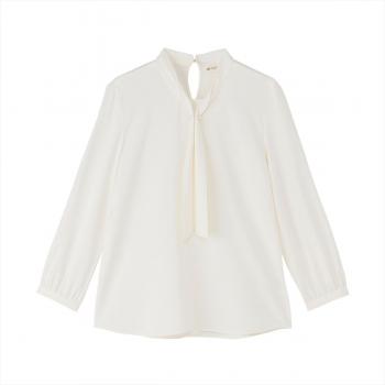 シルキーサテン ボウタイパールブラウス 長袖 レディース(M ホワイト