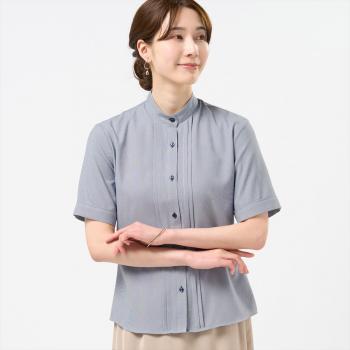 COFREX】 スタンド ピンタックブラウス 五分袖 レディースデザイン