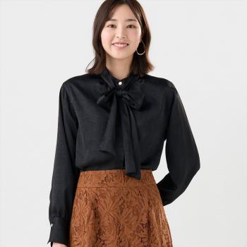 クラッシュスエード ボウタイブラウス 長袖 レディース(M ブラック