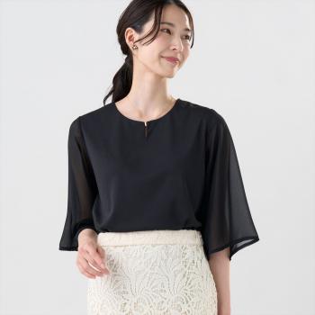 フレア袖 シアーブラウス 七分袖 レディース(M ブラック): 東京シャツ