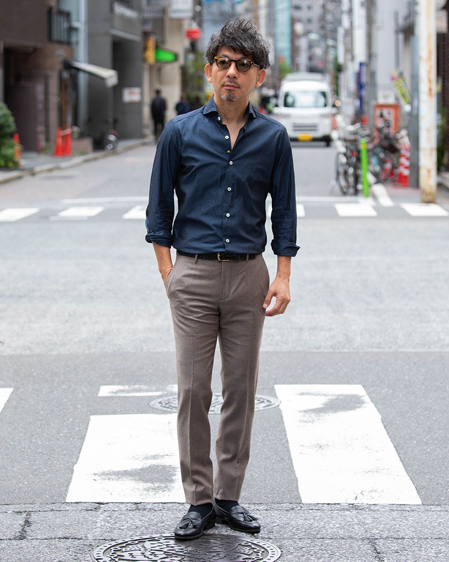 カッタウェイ シャンブレーネイビー シャツ【VINCI FIT/ヴィンチ