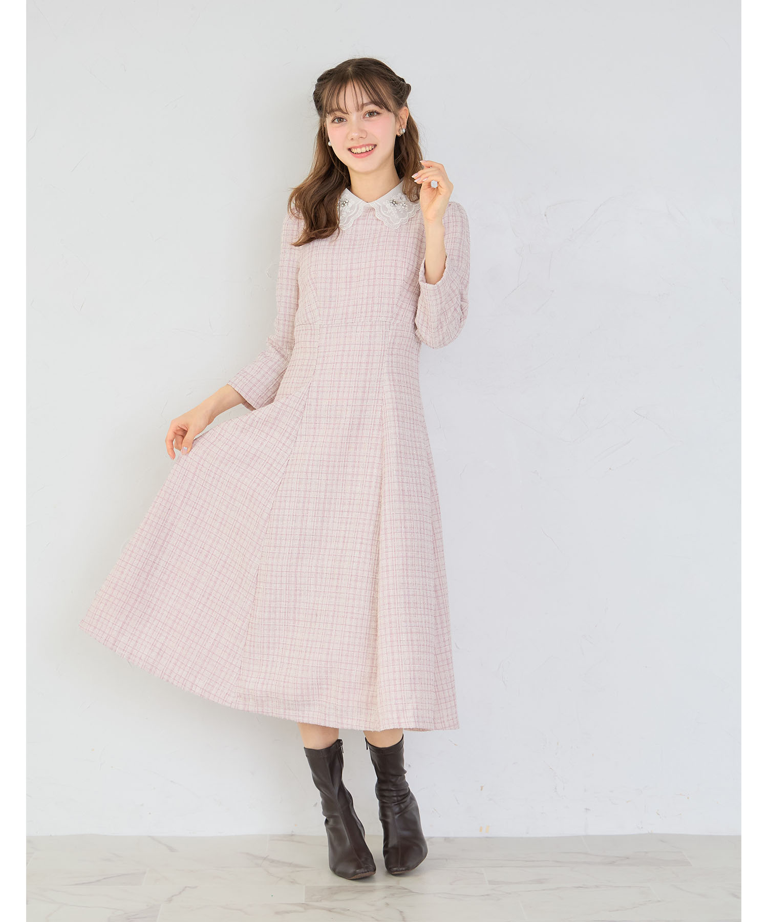 ビジュー×立体モチーフ付きオーガンジーフラワーレース襟ツイード