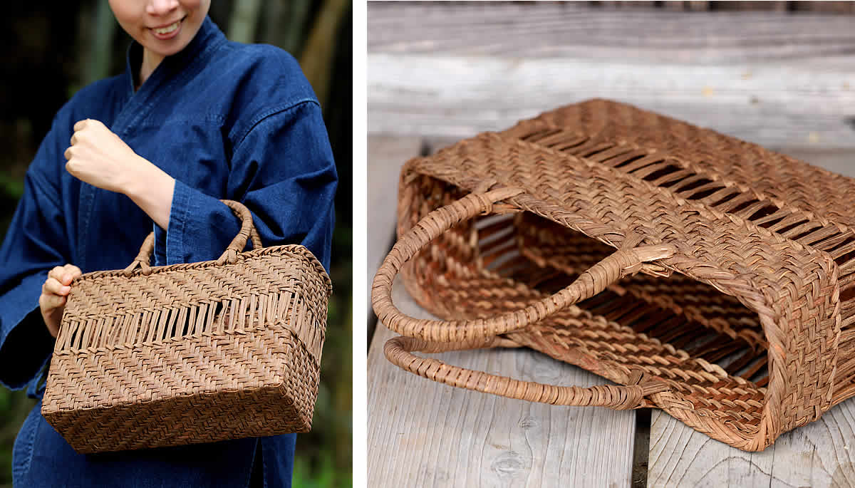 ☆天然素材☆国産（山形県飯豊町）手作り＊かごバッグ＊ヴィンテージ
