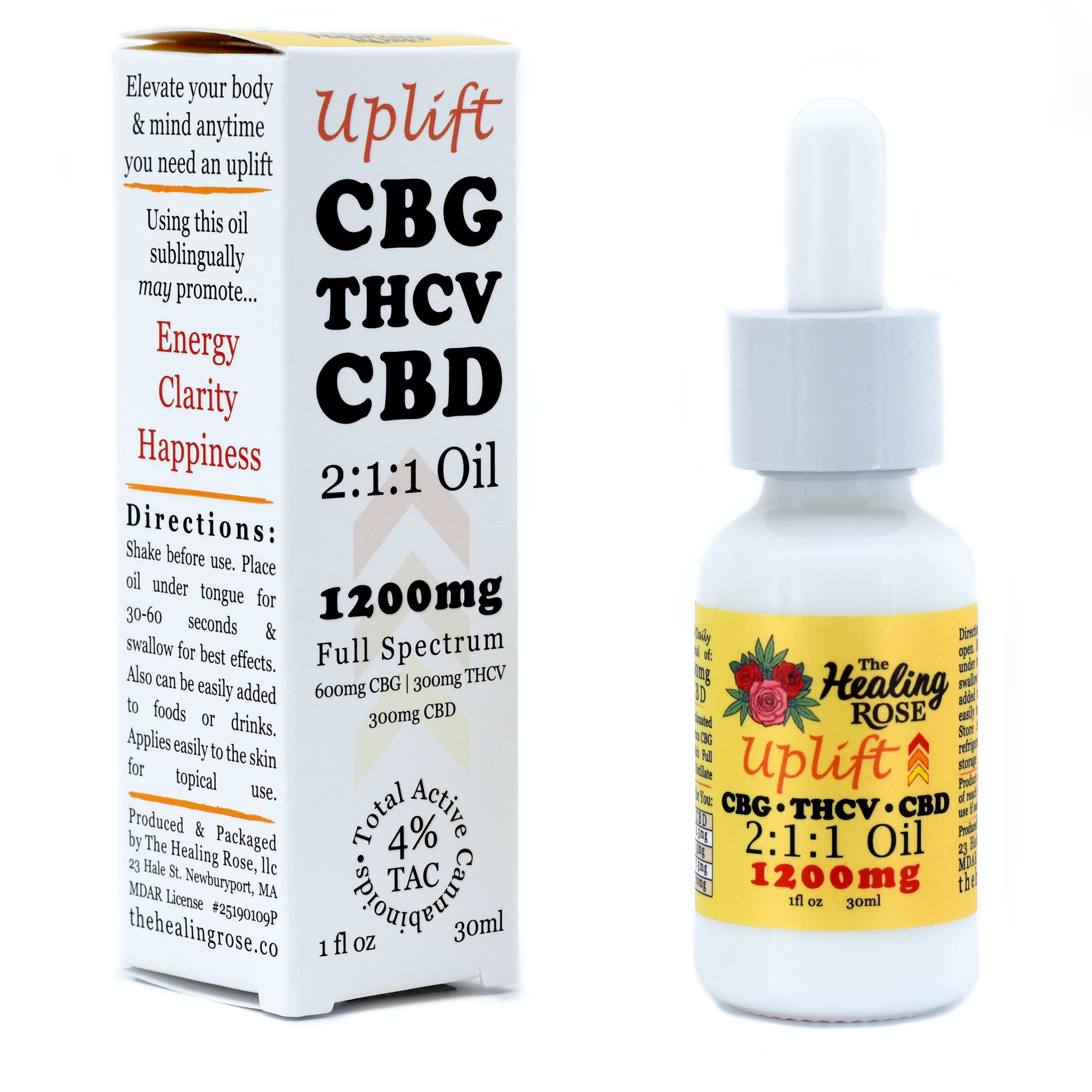 Uplift Oil | CBG THCV CBD Oil | 1200mg Tincture | Healing Rose