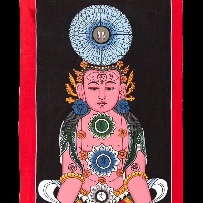 一点物〕タンカ - チャクラ人体曼荼羅・エネルギー体図[52cm x 20cm