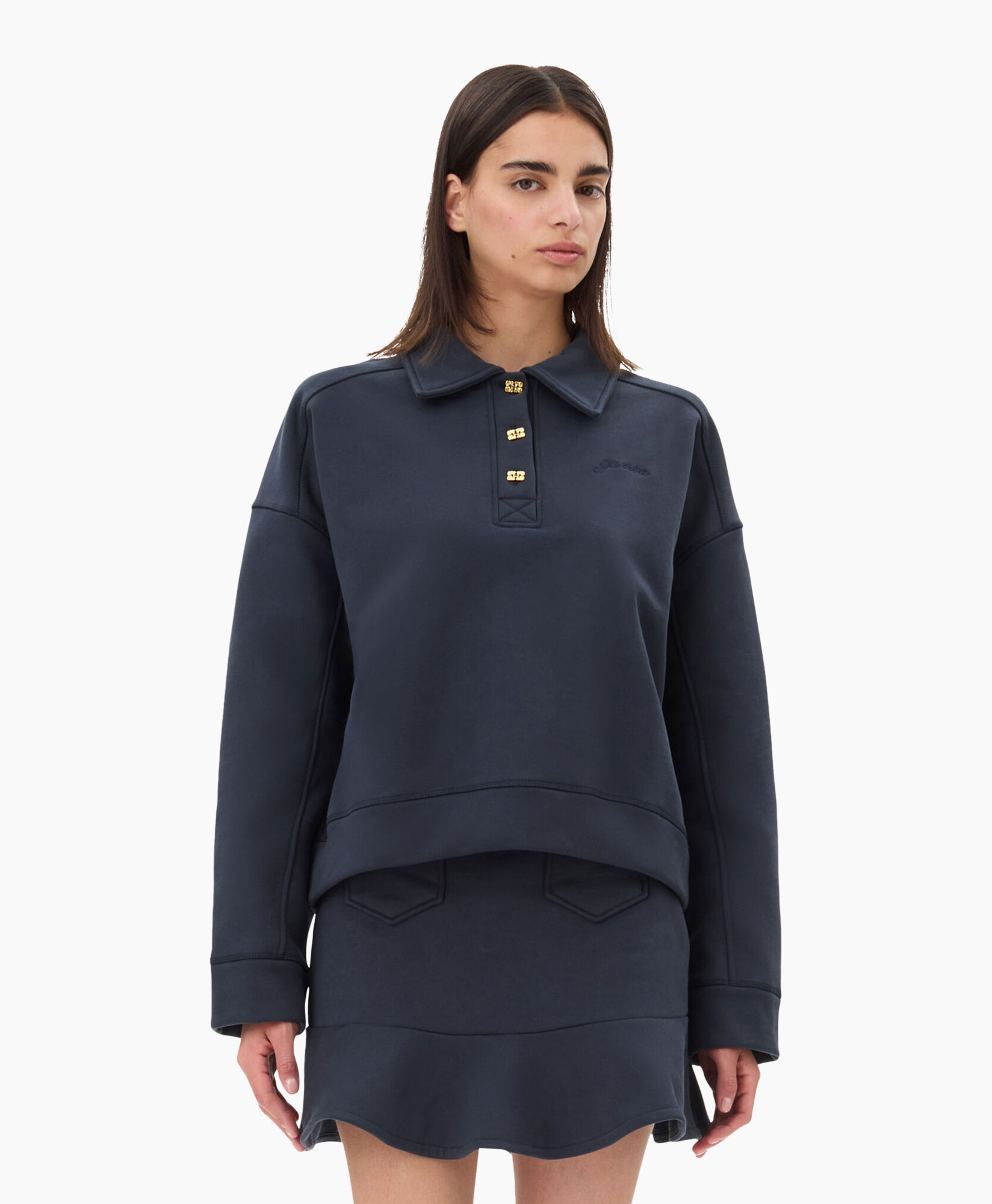 Ganni Polo Heavy Fleece Drop Shoulder Donker Blauw