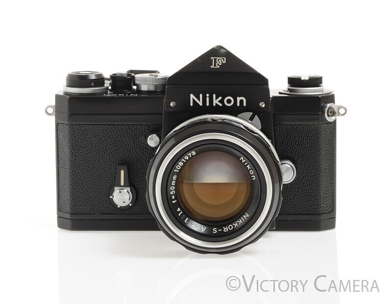 Nikon F Rare Black 35mm Camera w/ Eye Level Finder & 50mm f1.4 Lens -G