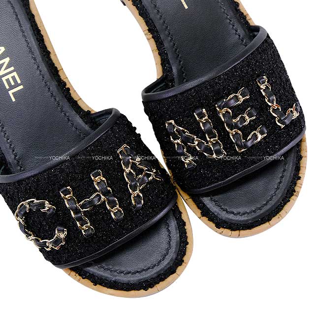 CHANEL シャネル サンダル チェーン ロゴ ツイード #36 黒 (ブラック