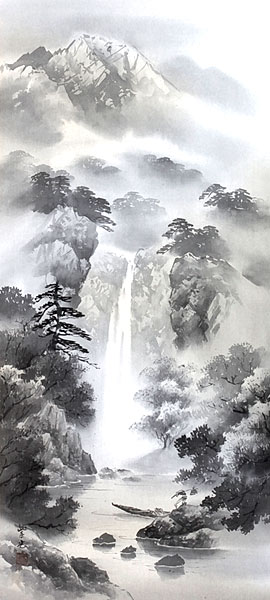 山水の掛け軸 西脇紫光作 水墨山水