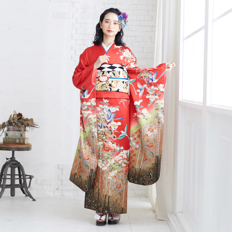 振袖：R833 赤 遊鳥花の苑☆(絹)(宅)│ 振袖レンタル │ 京都着物