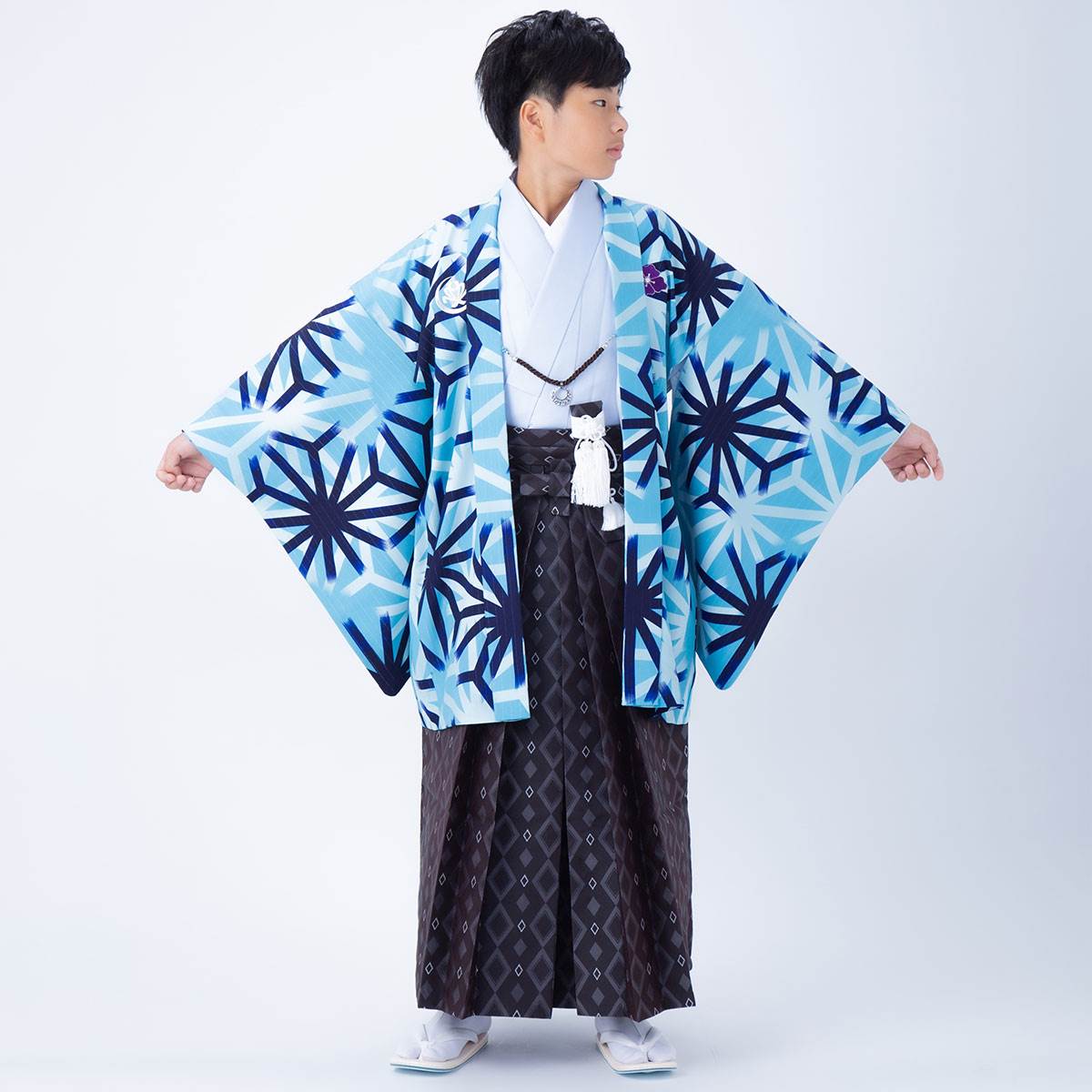 JY020-JY150 【ジュニア紋付袴】水色 破れ麻の葉×柄袴│ ジュニア紋付