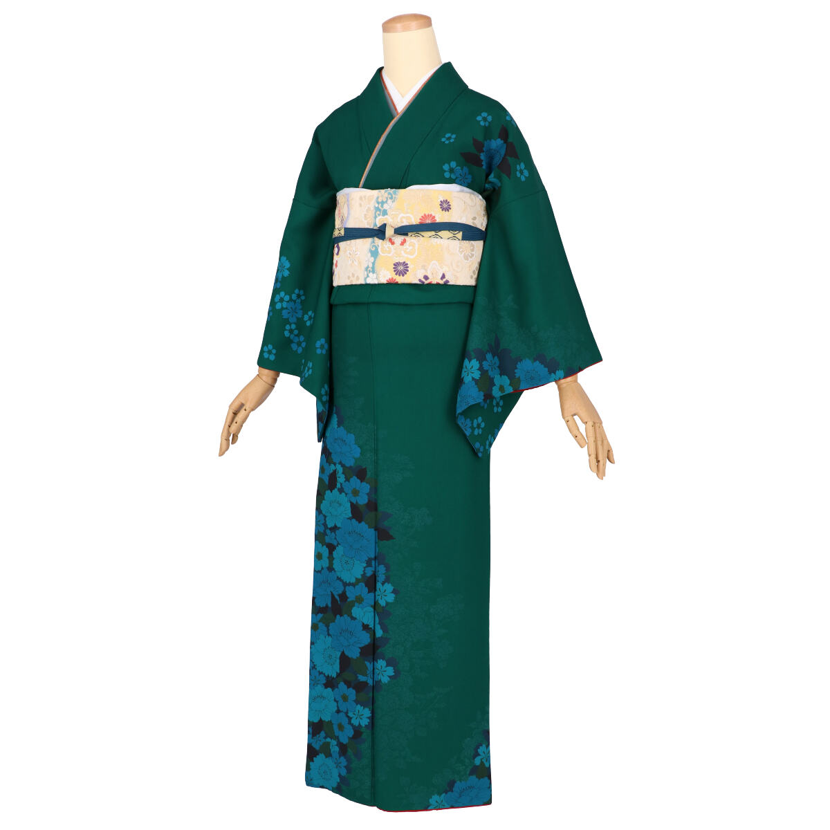 訪問着：H1141 深緑 牡丹に八重桜| 訪問着レンタル │ 京都着物