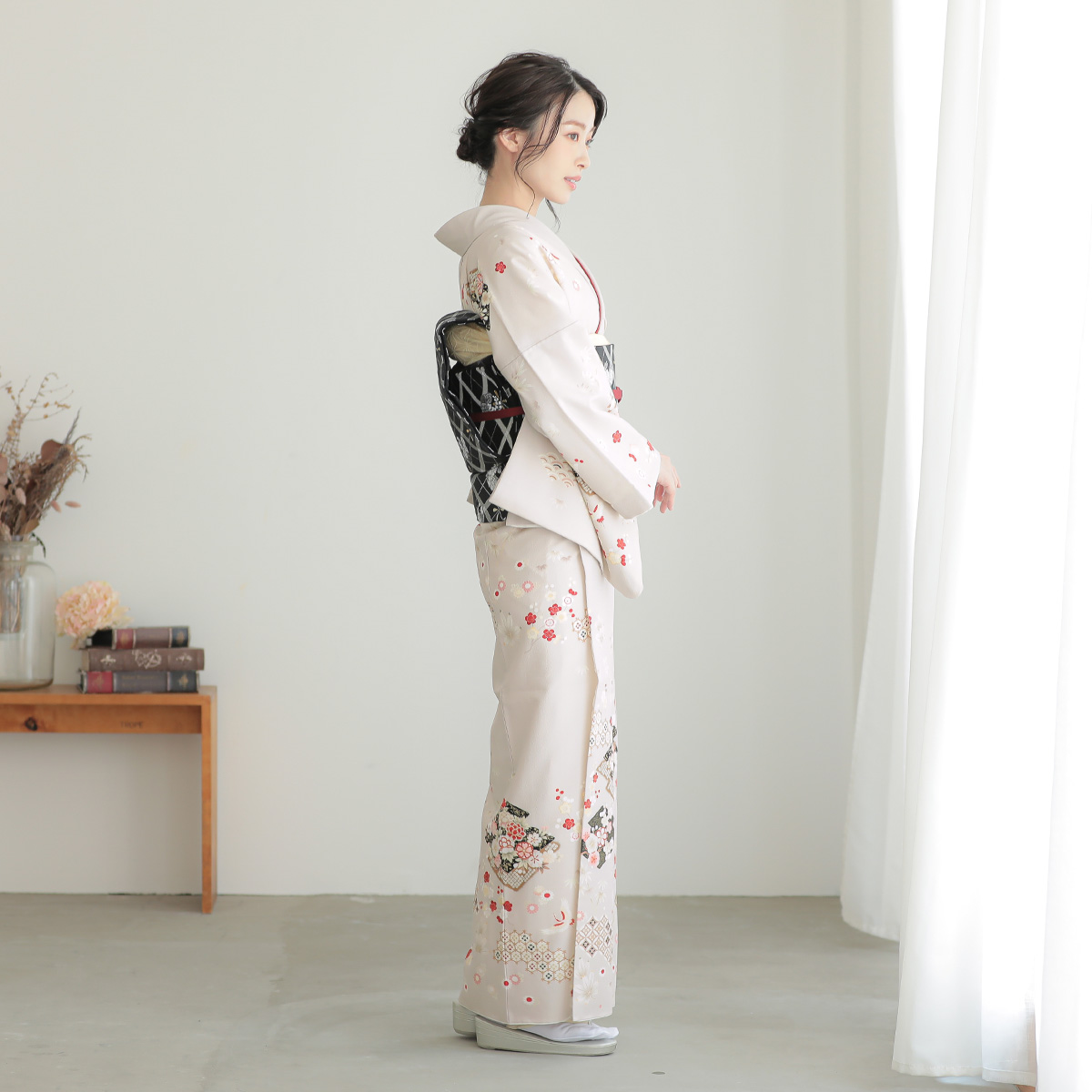 訪問着：H1188 ジャパンスタイル ベージュグレー 松川菱に鶴松竹梅