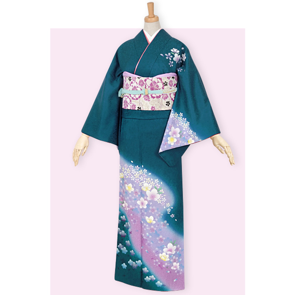 訪問着：H395 青緑 紫ぼかし 小桜☆| 訪問着レンタル │ 京都着物