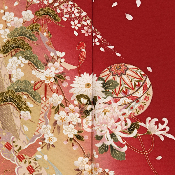 訪問着：H397 赤 桧扇に菊牡丹☆| 訪問着レンタル │ 京都着物レンタル夢館