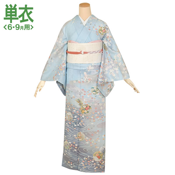 訪問着：H562 薄群青 花散らし雪輪桜流水| 訪問着レンタル │ 京都着物