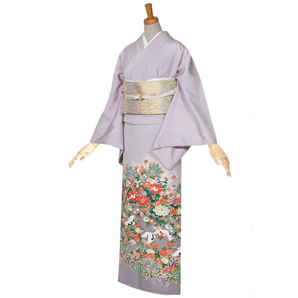 色留袖：E069 グレー 牡丹と菊に鶴☆| 色留袖レンタル │ 京都着物