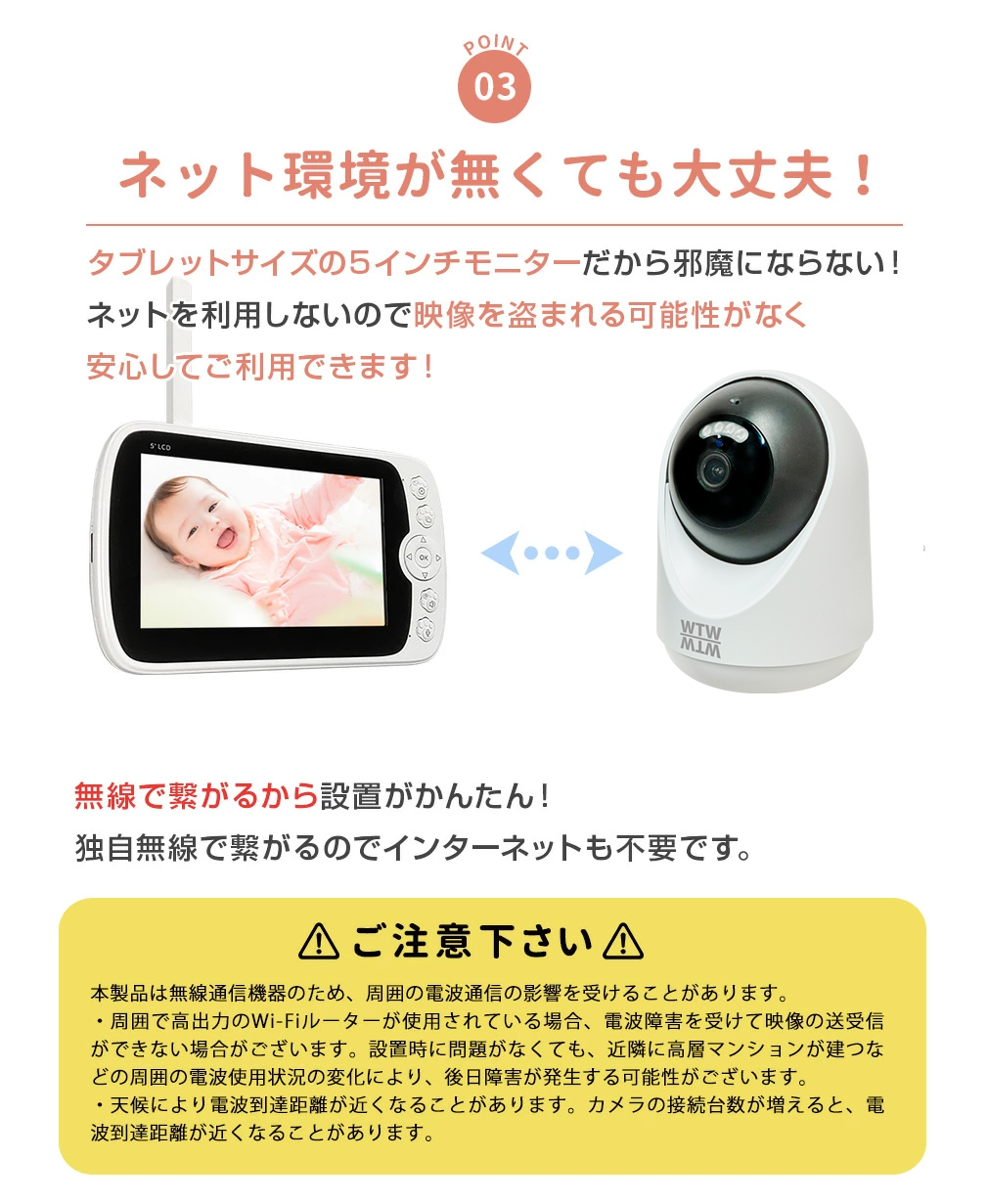 ベビーモニター 持ち運びOK 常時録画 カメラ＋モニターセット