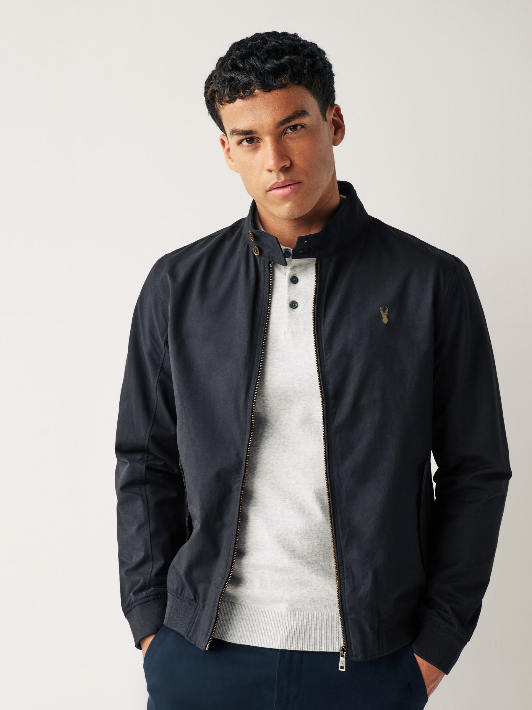 Buy Navy Blue Shower Resistant Check Lining Harrington Jacket from