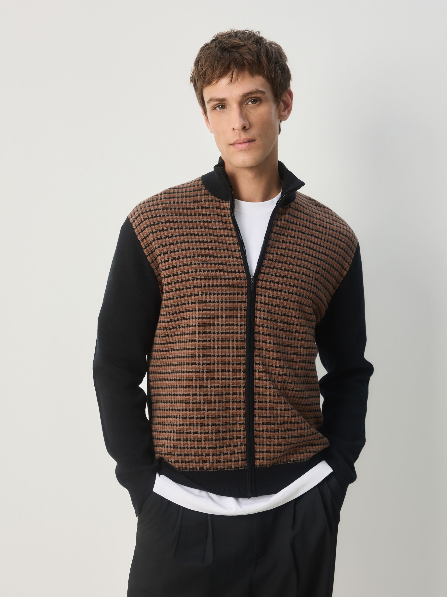 Buy Black/Brown Regular Fit Houndstooth Pattern Collared Zip