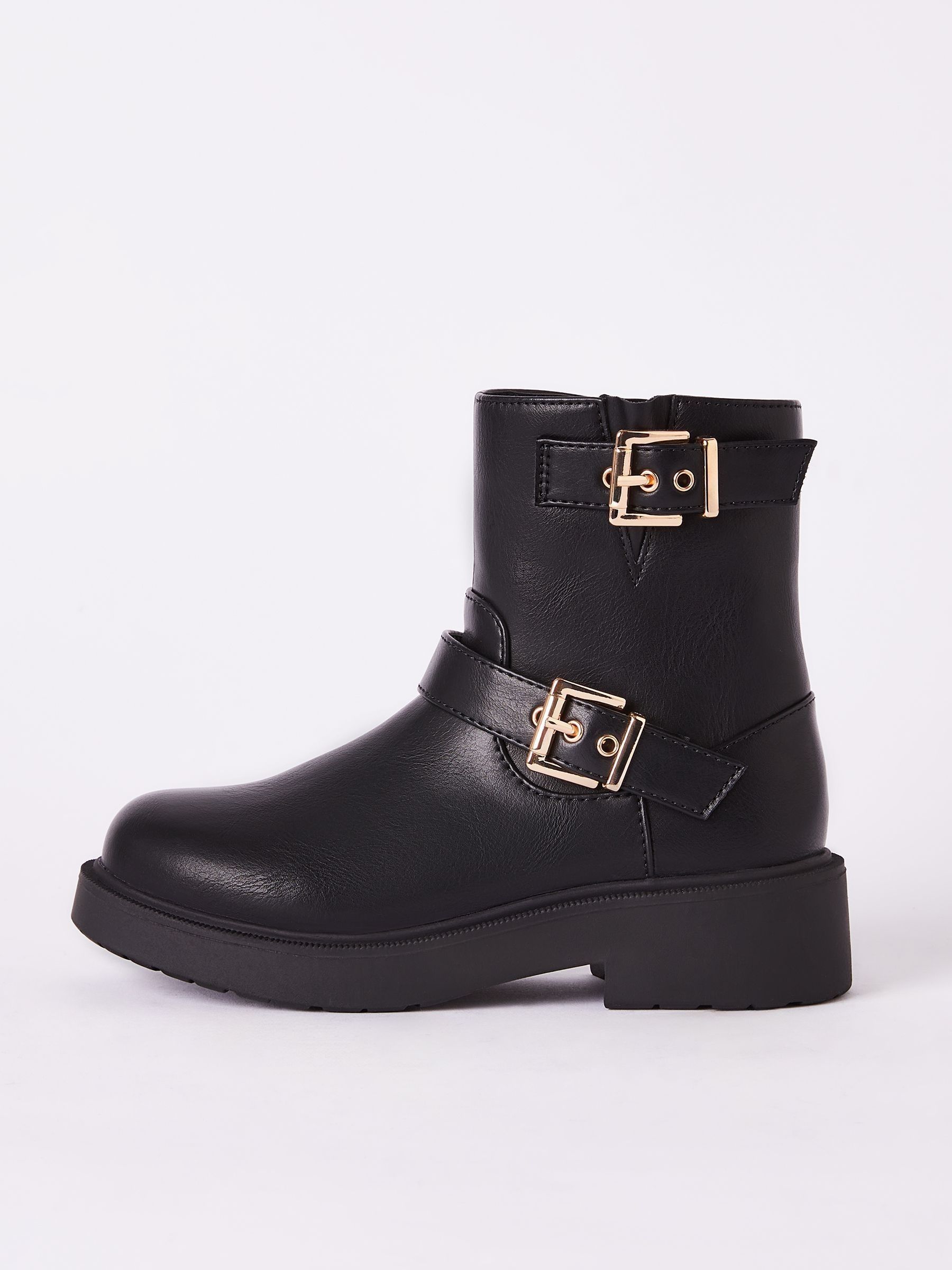 Buy Lipsy Black Gold Buckle Biker Faux Leather Flat Ankle Boots