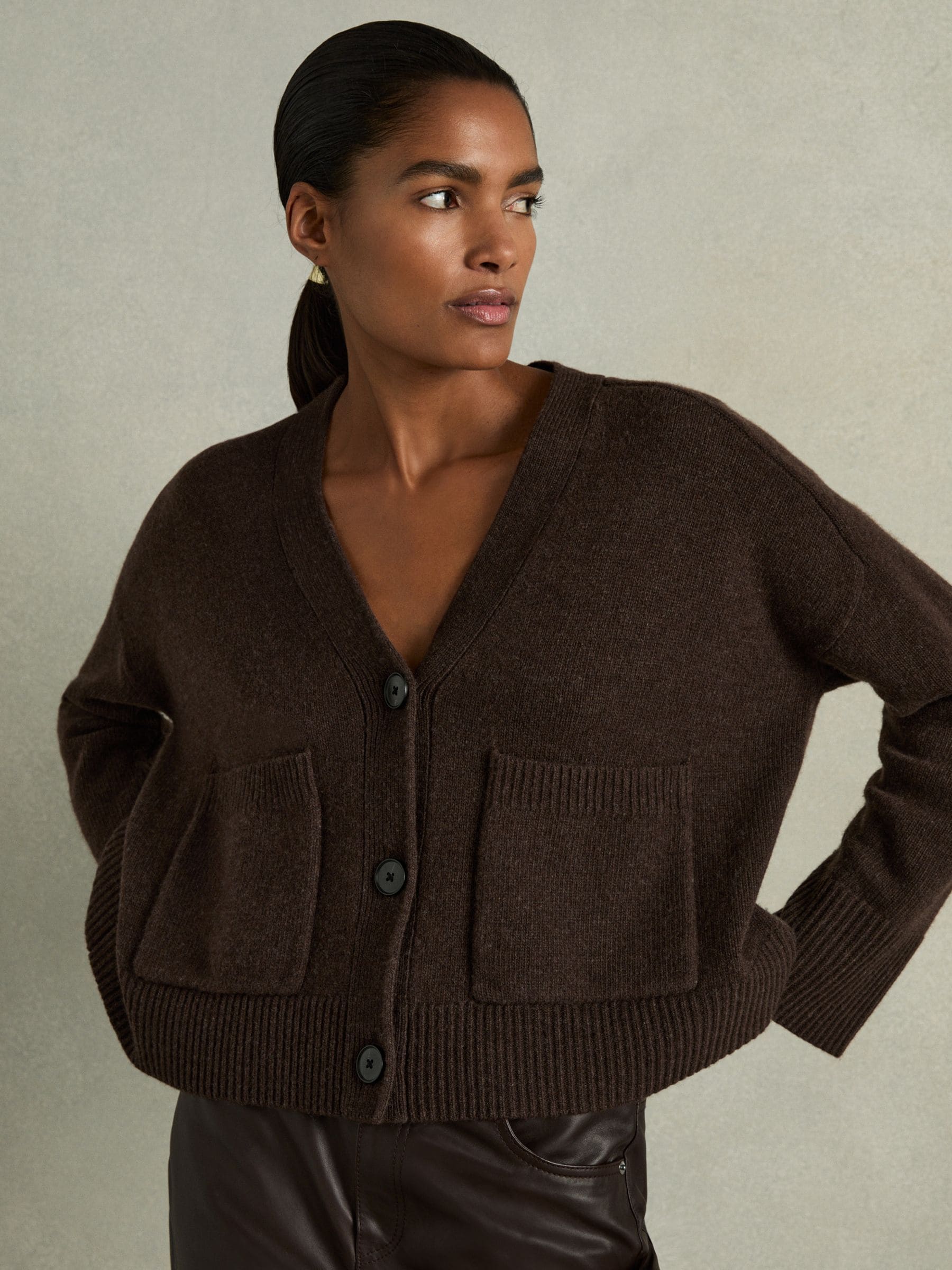 Buy Reiss Chocolate Rosie Wool-Cashmere Patch-Pocket Cardigan from