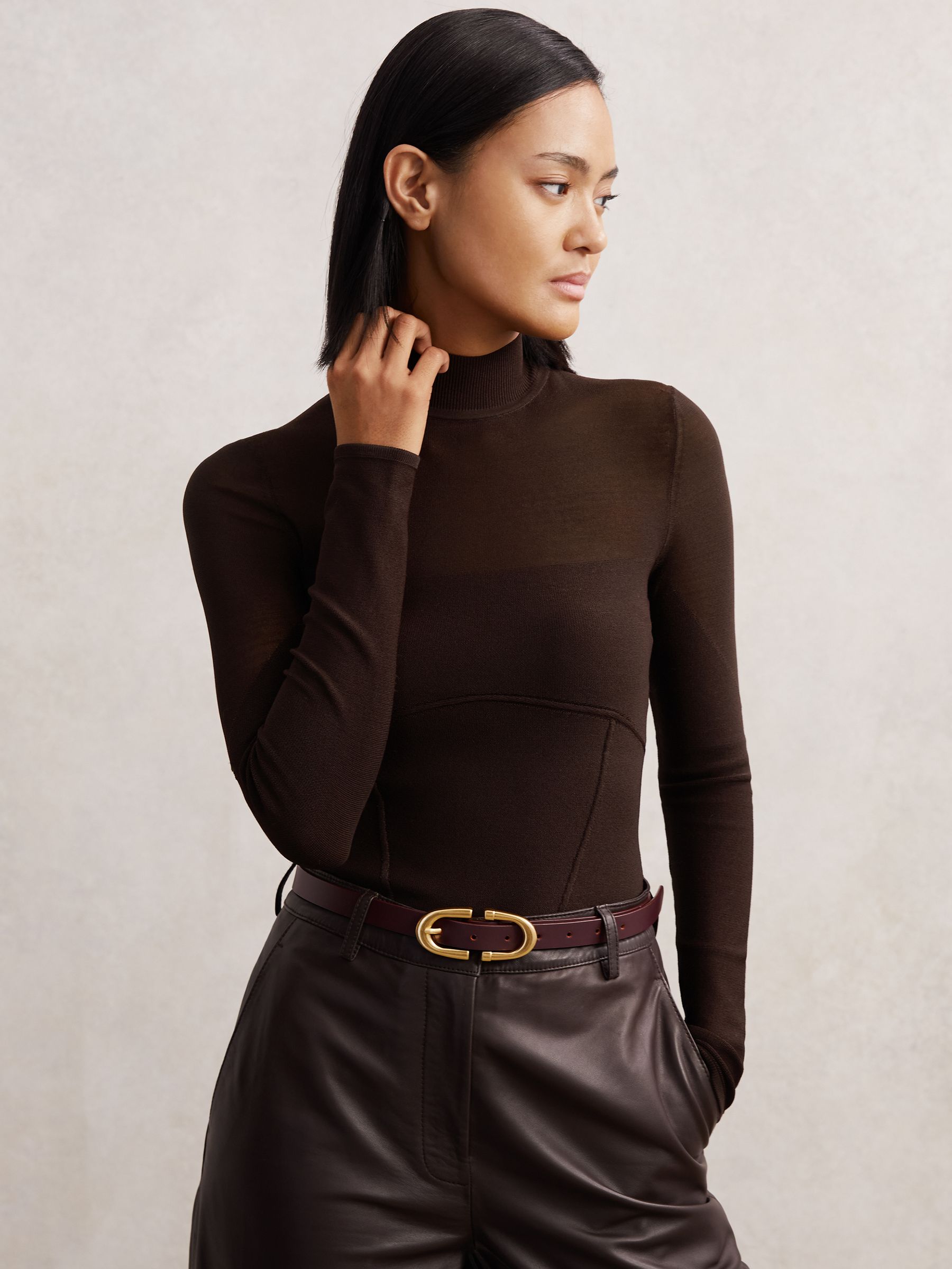 Buy Reiss Chocolate Brown Sofia Mesh Funnel-Neck Knit Top from