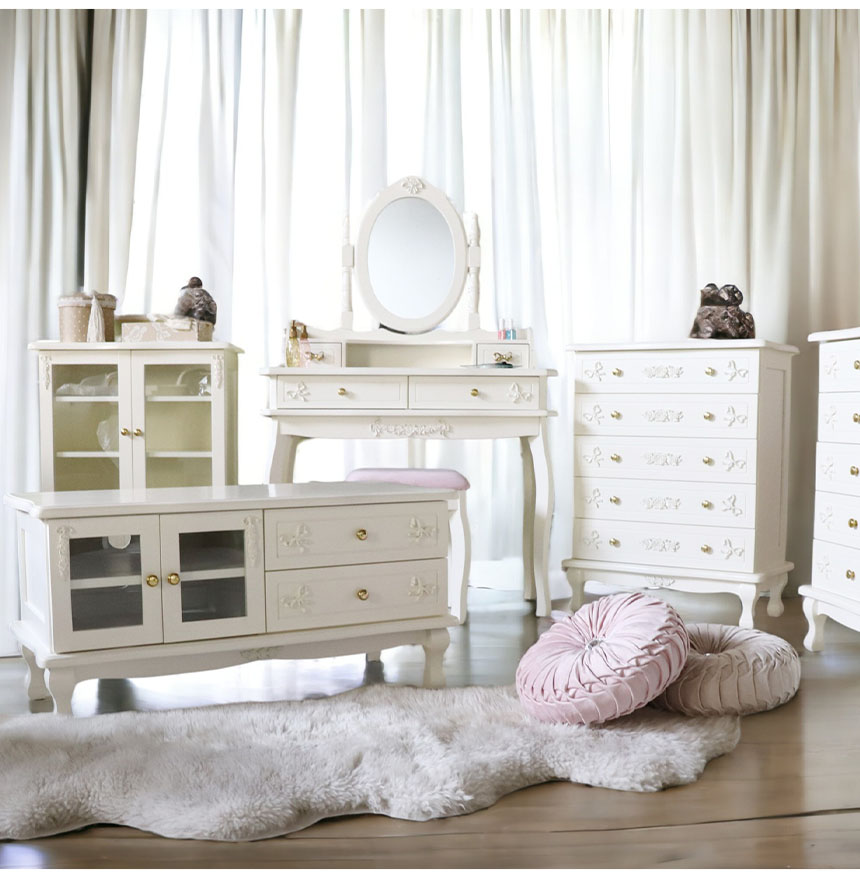 ココリボン バスケット付きキャビネット 幅110cm ホワイト｜姫系