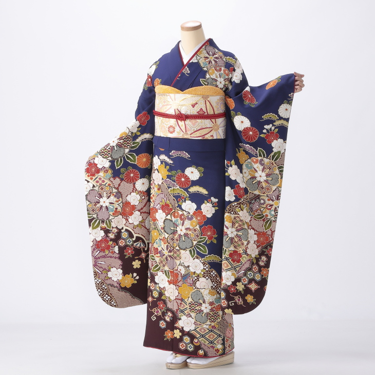 f0619027r2】【青・紺系】振袖 レンタル フルセット Mサイズ 成人式