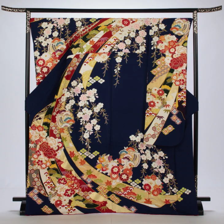 f0720061r】【青・紺系】振袖 レンタル フルセット Lサイズ 【状態:A