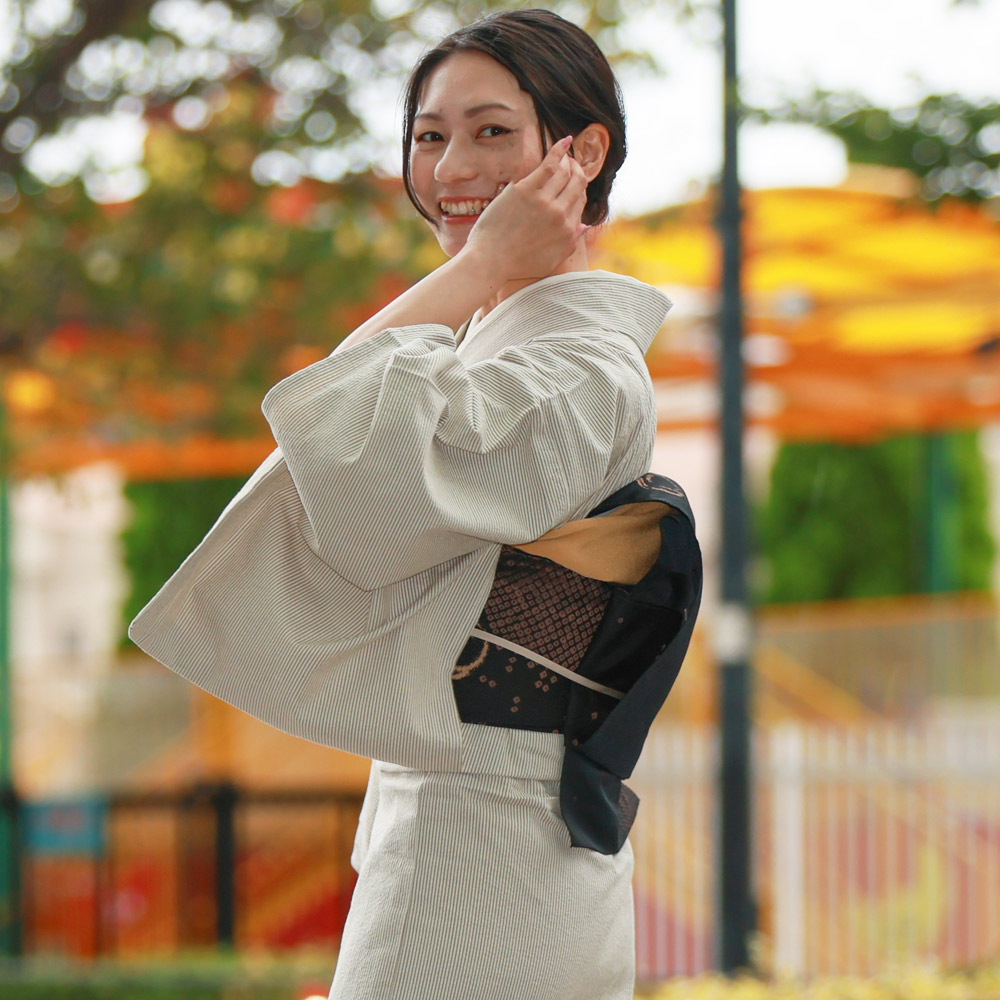 e2311203】洗える着物 ヒッコリー ストライプ 縞 小紋 単衣 M / L