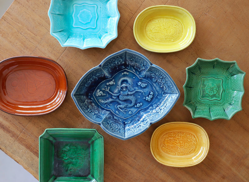 値下げ依頼対応 珉平焼 希少 龍紋 楕円皿 4枚セット 緑1枚 黄3枚 珉