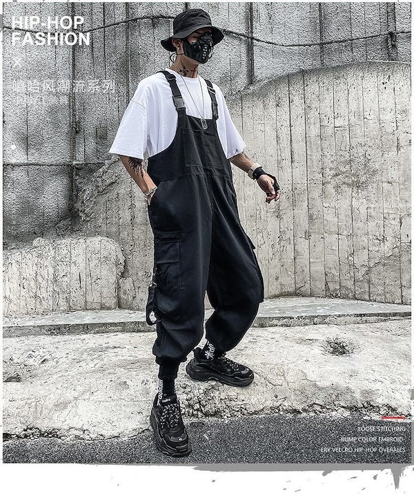 Qoo10] メンズレディース オーバーオール 黒 ジ