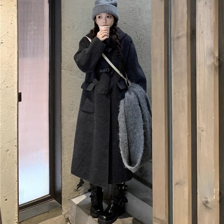 ダッフルコート レディース ダークグレー フード付 ストラップ ロング