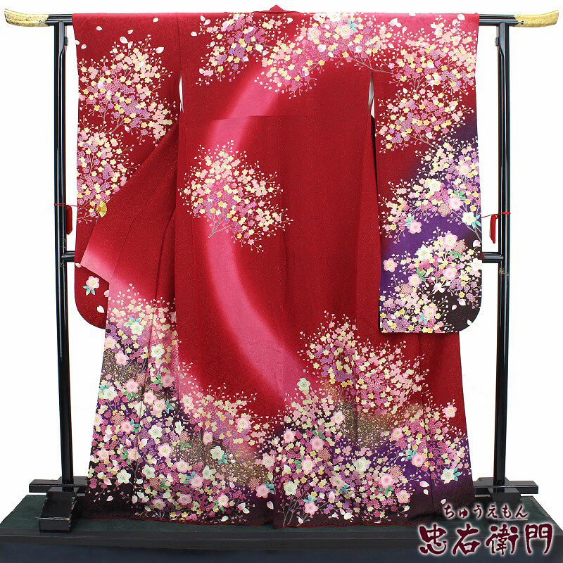 中古】【販売】 振袖 リサイクル 成人式 正絹 レッド 花柄 桜 仕立て