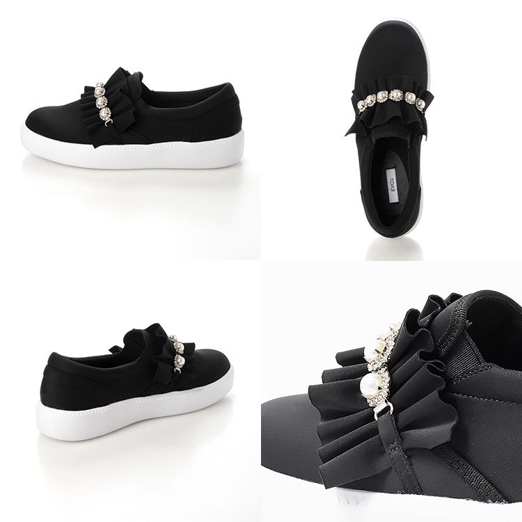 EVOL スリッポン 軽量スニーカー フラットシューズ フリル パール