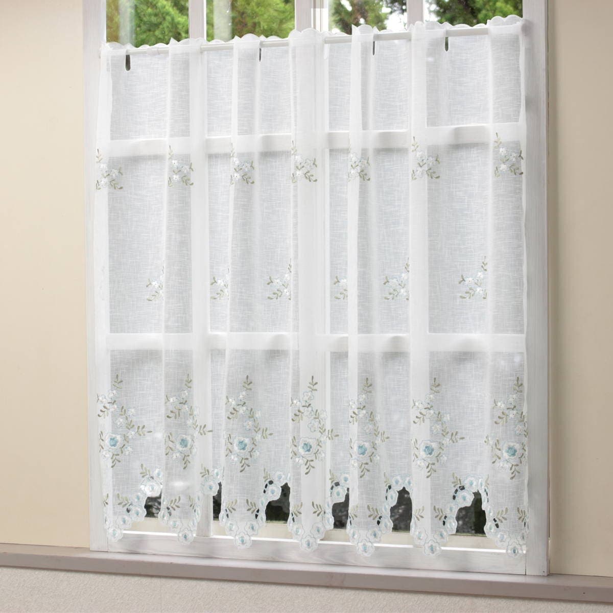 フラワー刺繍 カフェカーテン 約130×90cm｜インテリアレース・テーブル